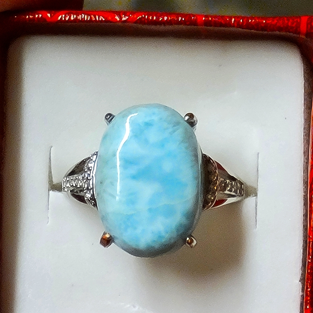 Natural Larimer Silver Ring Adjustable 7 , 8, 9 Size 11x8mm Gemstone Crystal